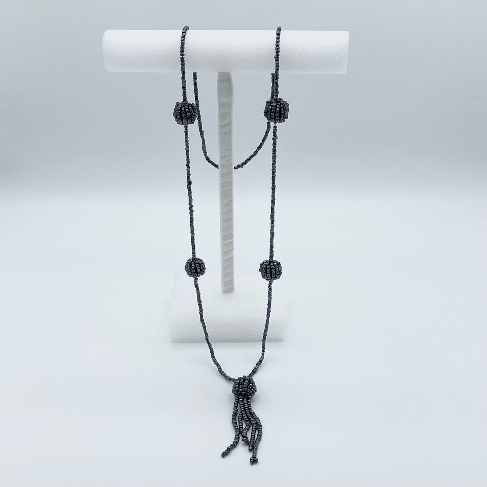 Boho Chaquira Beaded Long Necklace with Tassel Dark Gray